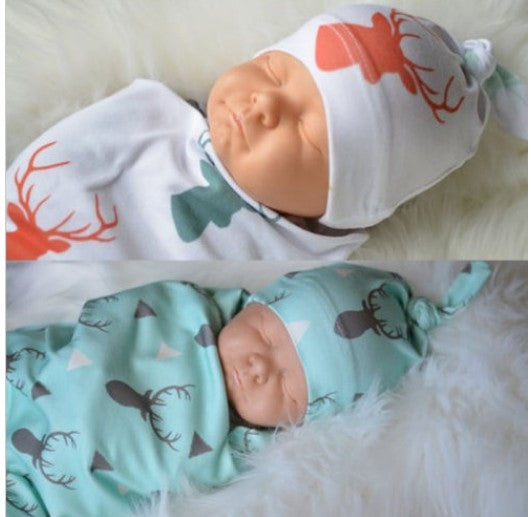 Newborn Baby Antler Swaddle Blanket and Hat Set