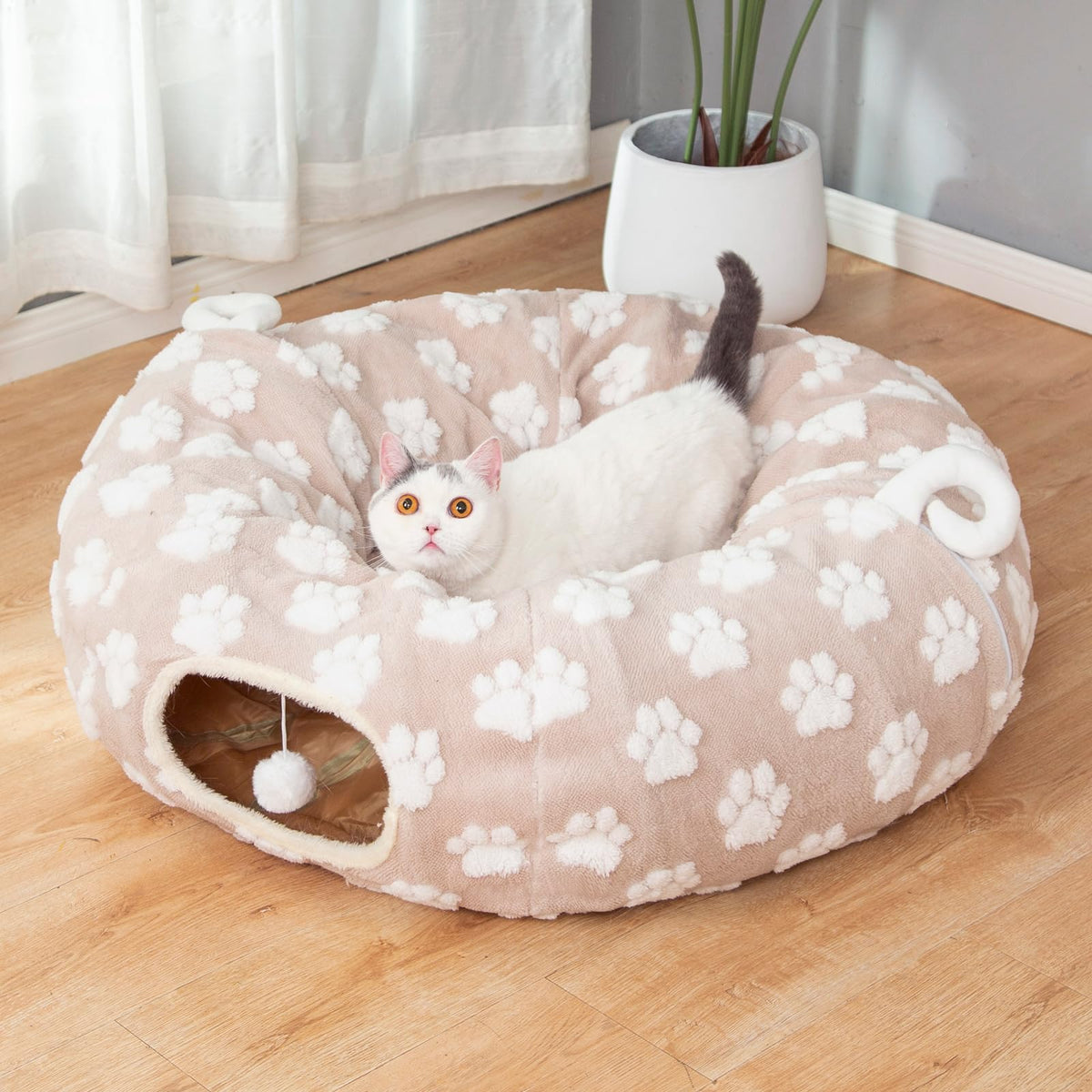 SnugNest Cat Tunnel Bed - Plush Round Pet Lounger