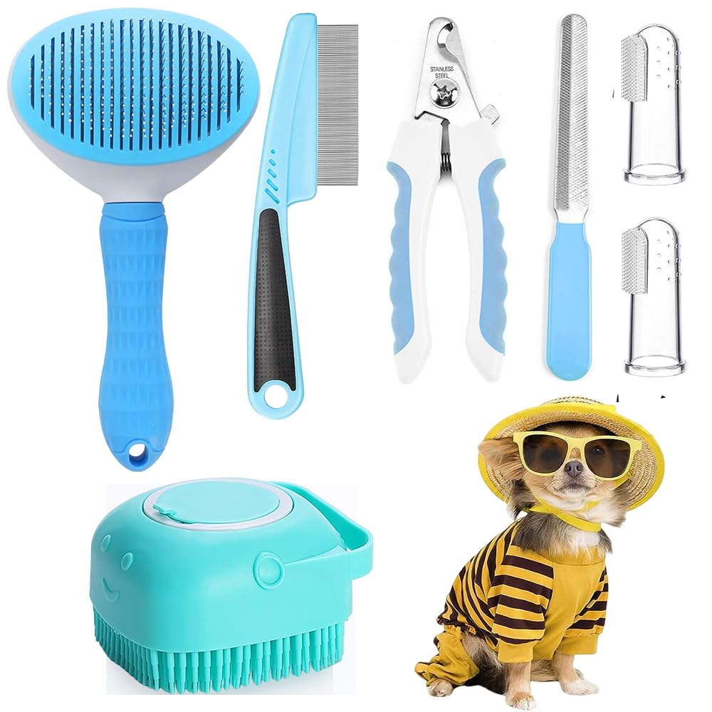 7-Piece Pet Grooming Essentials Kit with Self-Cleaning Brush and Nail Clipper (Blue)